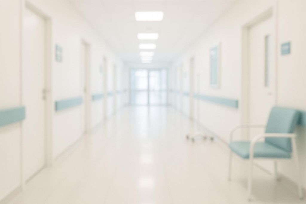 A softly blurred image of a modern medical clinic hallway. Light-colored walls and doors line the sides, with a teal chair and an IV stand visible on the right. Fluorescent lights illuminate the long corridor, which extends towards a bright, indistinct far end.