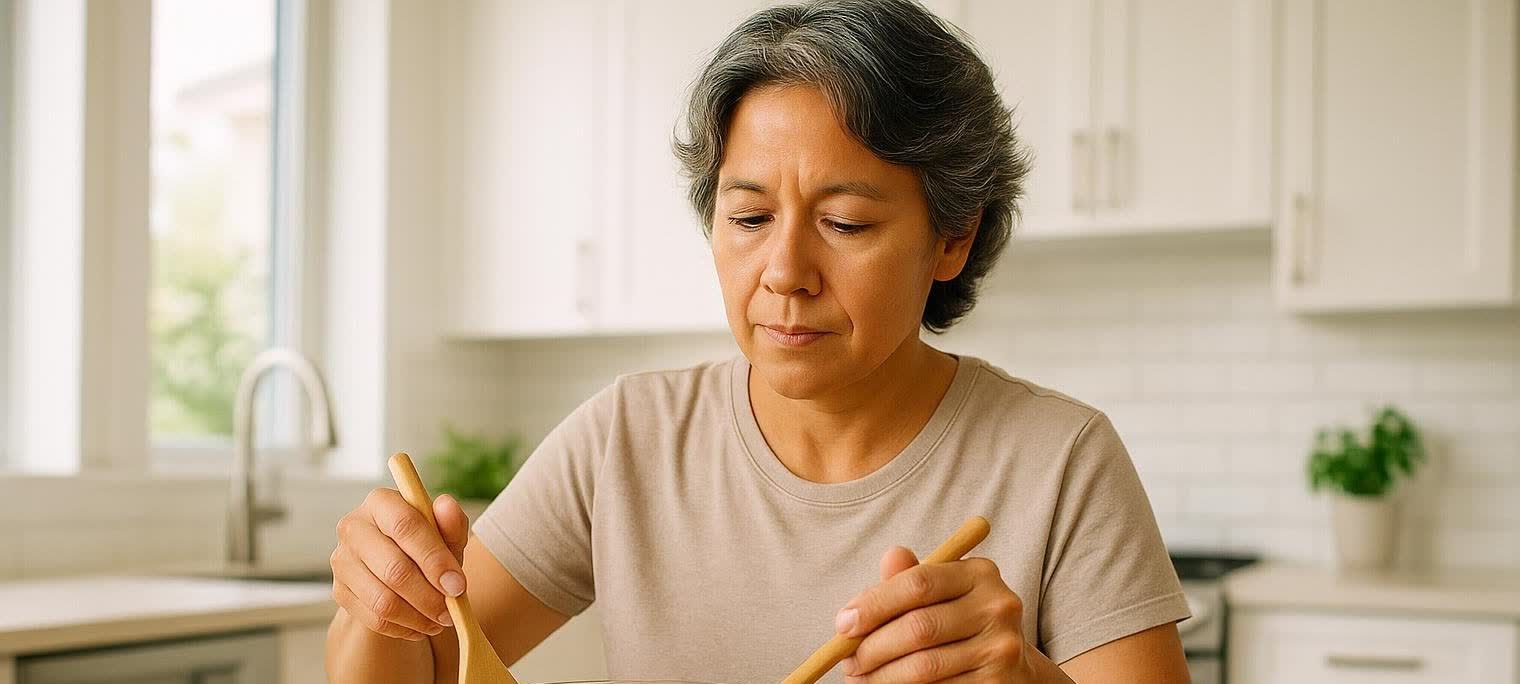 An older woman stirs ingredients in a bowl in a kitchen.