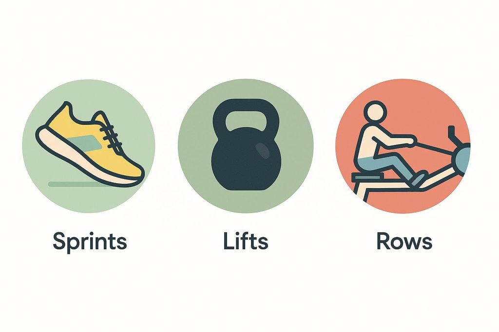 Three circular icons representing different workouts. From left to right: a yellow running shoe for 'Sprints' on a green background, a black kettlebell for 'Lifts' on a green background, and a person using a rowing machine for 'Rows' on a coral background.