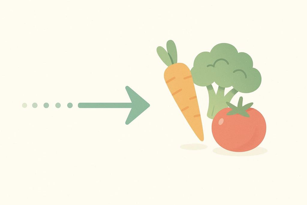 A stylized green arrow points from a series of dots on the left towards a group of whole fresh foods on the right, including a carrot, broccoli, and a tomato. This represents a transition towards a healthier diet.