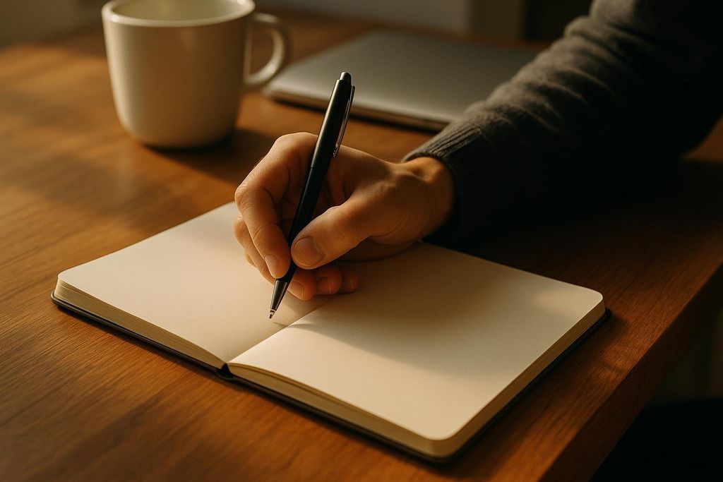A close-up of a hand with a grey sleeve holding a black pen and writing in an open, blank notebook on a wooden desk. A white mug is out of focus in the background.