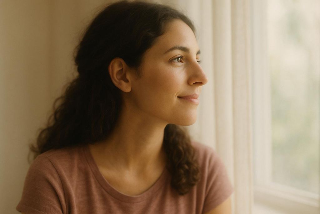 A woman with dark, curly hair in a pink t-shirt looking out a brightly lit window with a serene and slightly hopeful expression.