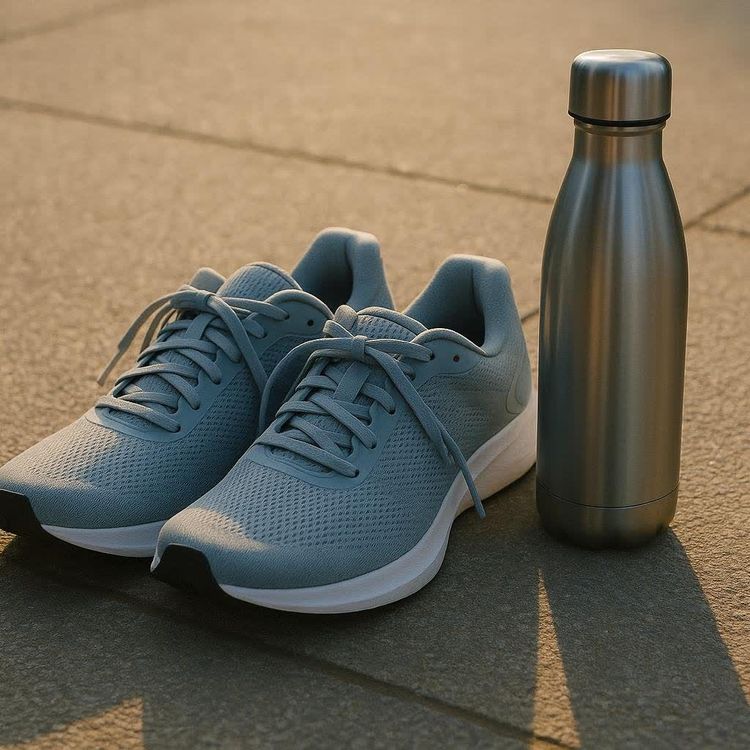 Running shoes and a water bottle on pavement
