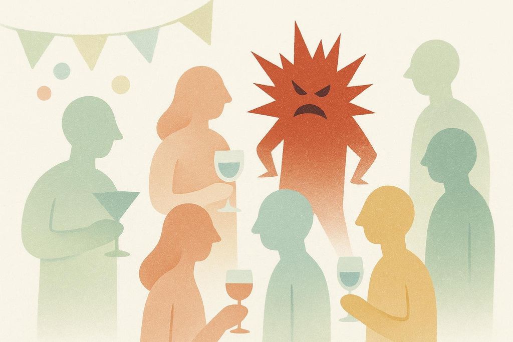 A conceptual illustration showing a red, spiky, angry figure, representing inflammation, disrupting a party of various pastel-colored human silhouettes holding drinks. Party banners and confetti dots are in the background.