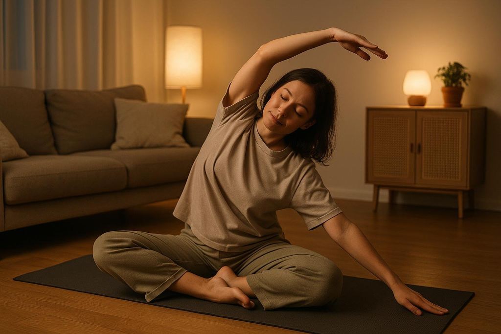 A woman with her eyes closed, wearing comfortable clothing, practices gentle yoga on a mat in a dimly lit room with cozy lighting, stretching to her side. This is a relaxing pose often done for stress relief before sleep.