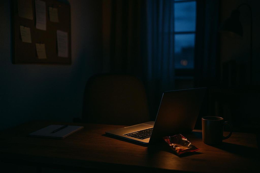 A dimly lit desk with a laptop, a crumpled snack wrapper, and a coffee mug, suggesting late-night work or unhealthy habits.