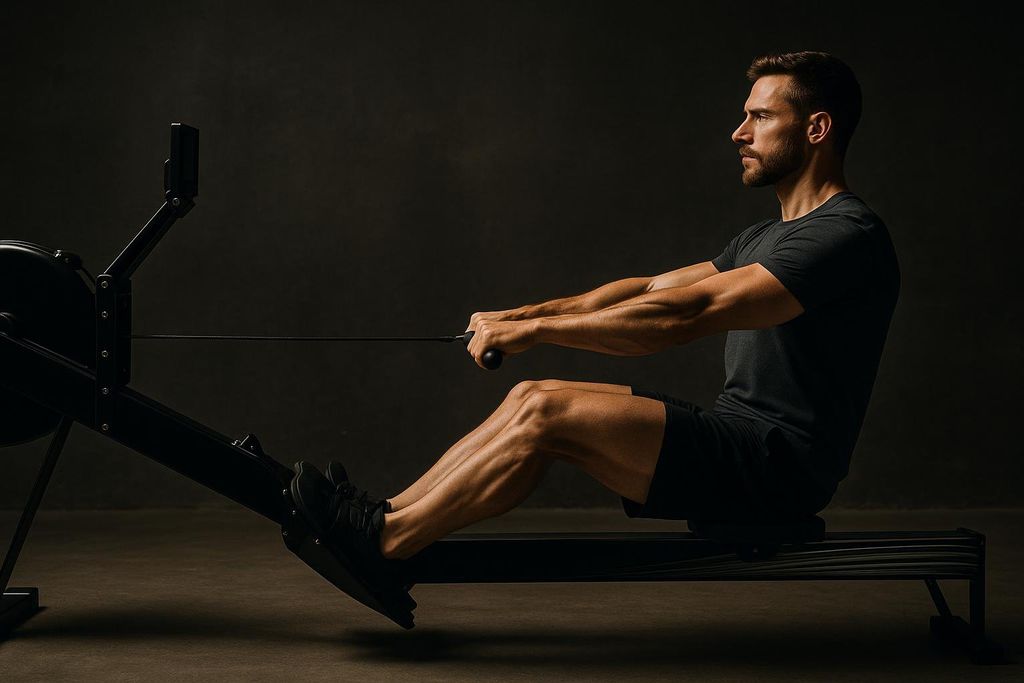 A man with a beard and dark workout clothes is shown from the side, sitting on a rowing machine in a dark room. He is holding the handle of the rowing machine and looks focused while exercising.