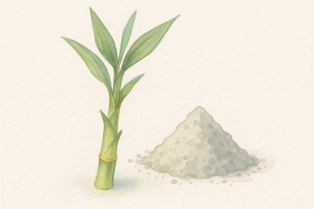 A watercolor illustration depicting a green bamboo shoot with several leaves standing upright next to a pile of greyish-white granular material, likely representing minerals or salt, on a light beige background.
