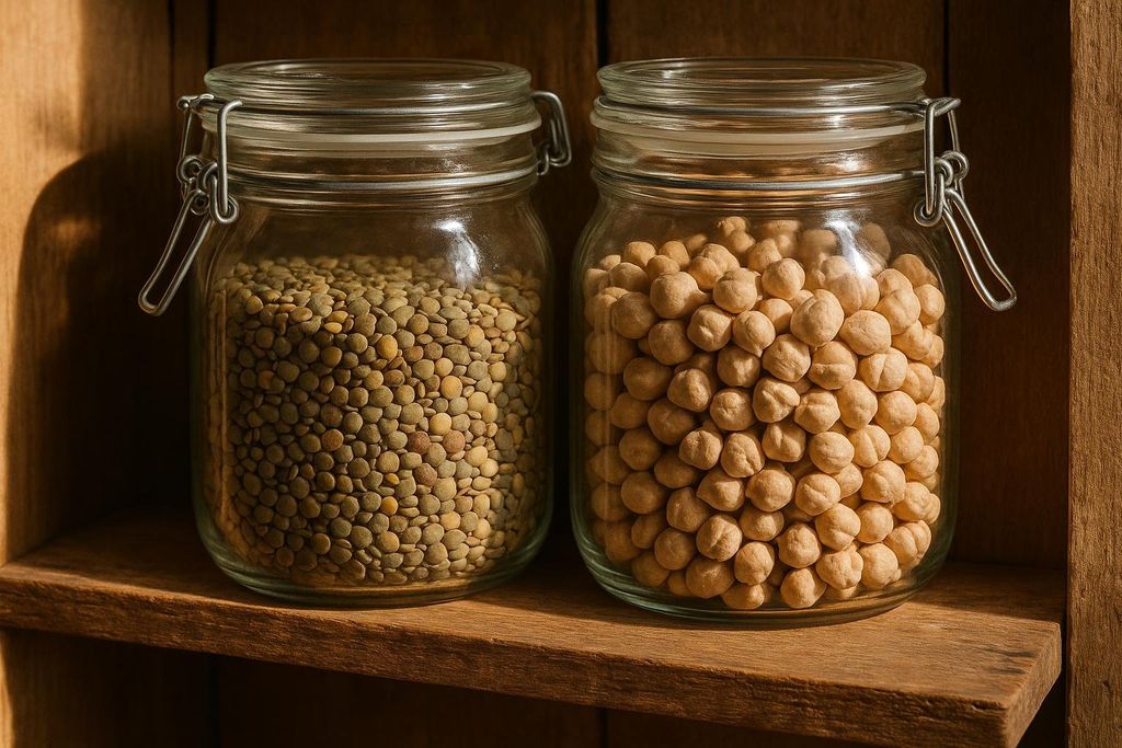 Two clear glass jars with clamp lids, one filled with dried brown lentils and the other with dried chickpeas, sitting on a wooden shelf. Warm light illuminates the jars from the side.