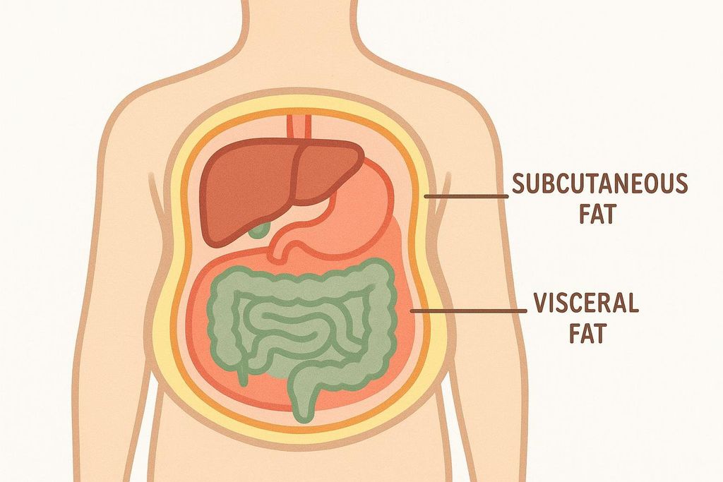 Simplified illustration showing the location of visceral and subcutaneous fat surrounding internal organs.