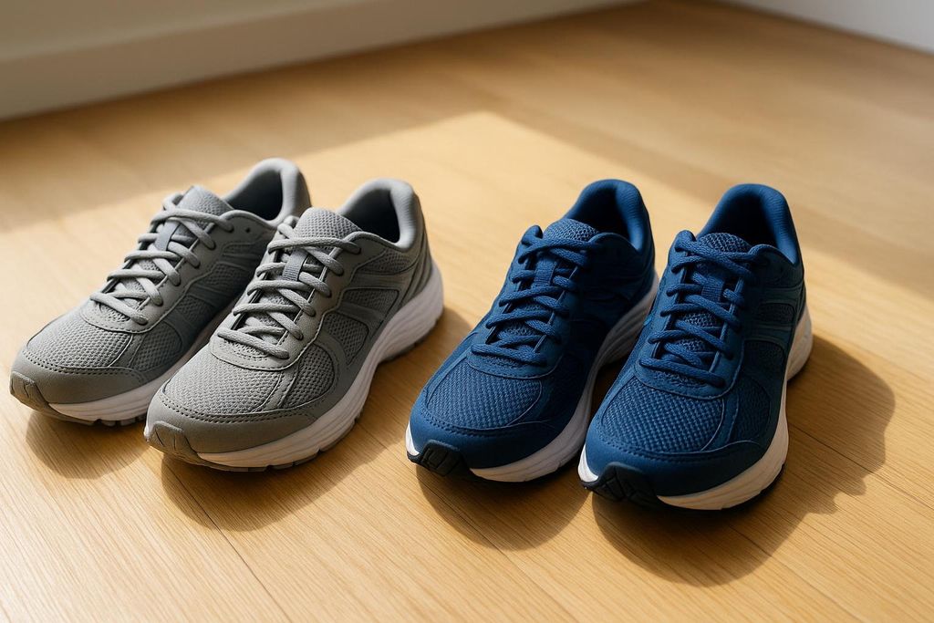 Two pairs of walking shoes are placed side-by-side on a wooden floor, one pair grey and the other blue, representing the concept of footwear rotation.