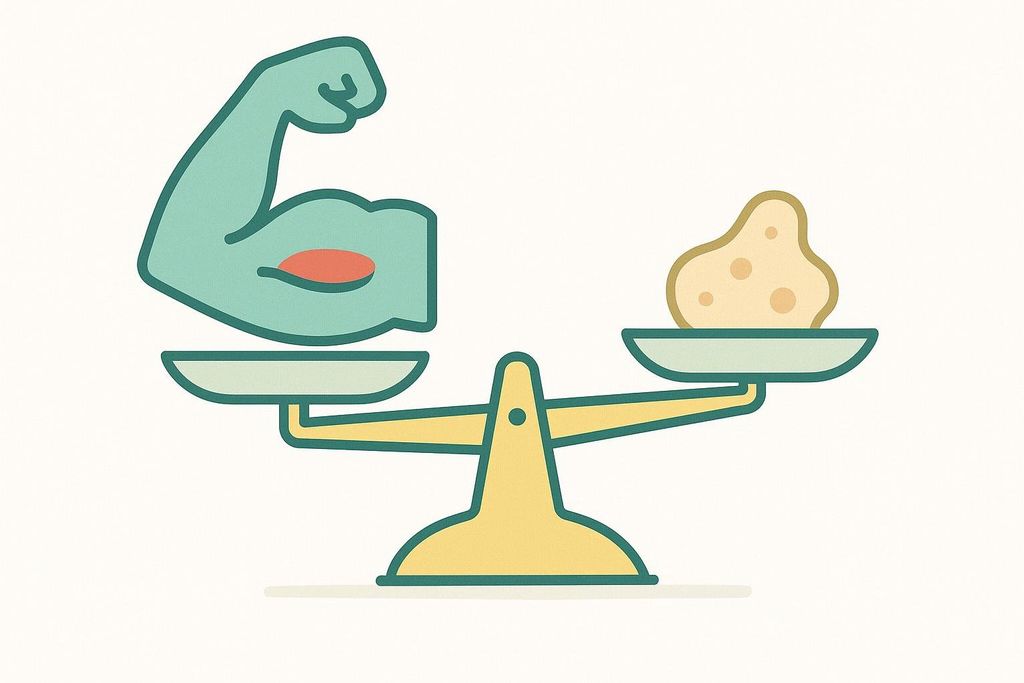 Illustration of a balance scale with a stylized arm muscle on one side and abstract representation of fat on the other, with the muscle side lower, indicating body composition favoring lean muscle over fat.