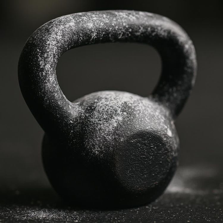 A close-up shot of a black kettlebell, heavily coated with white chalk, against a dark background.