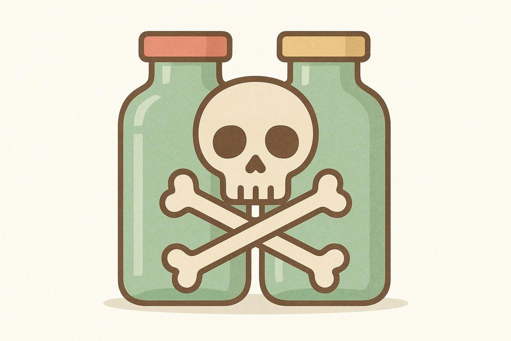 An illustration of two light green bottles with different colored caps, positioned side-by-side, with a skull and crossbones emblem layered over the center as a warning symbol.