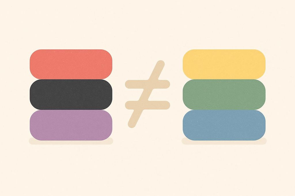 An illustration showing that the color-coding for resistance band strength is not consistent between different brands. Two stacks of three colored rectangles are shown, separated by a large 'not equal to' sign. The left stack has red, black, and purple rectangles. The right stack has yellow, green, and blue rectangles.