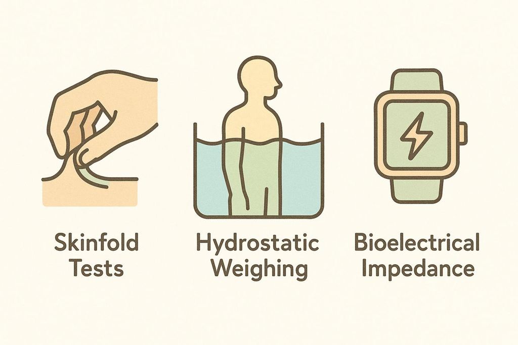 Infographic icons depicting three methods of body composition testing: a hand holding a skinfold on a body, a person submerged in water for hydrostatic weighing, and a smartwatch with a lightning bolt symbol for bioelectrical impedance analysis.