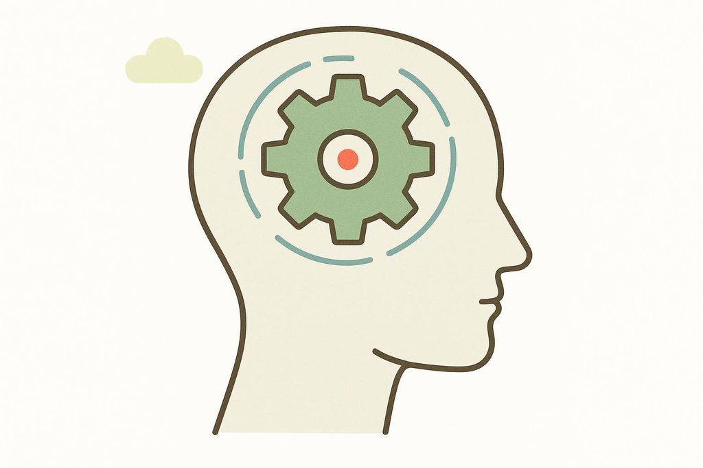 An illustration of a head in profile with a gear turning inside where the brain would be, depicting the concept of thinking, problem-solving, or mental processes. A small cloud is above the head.