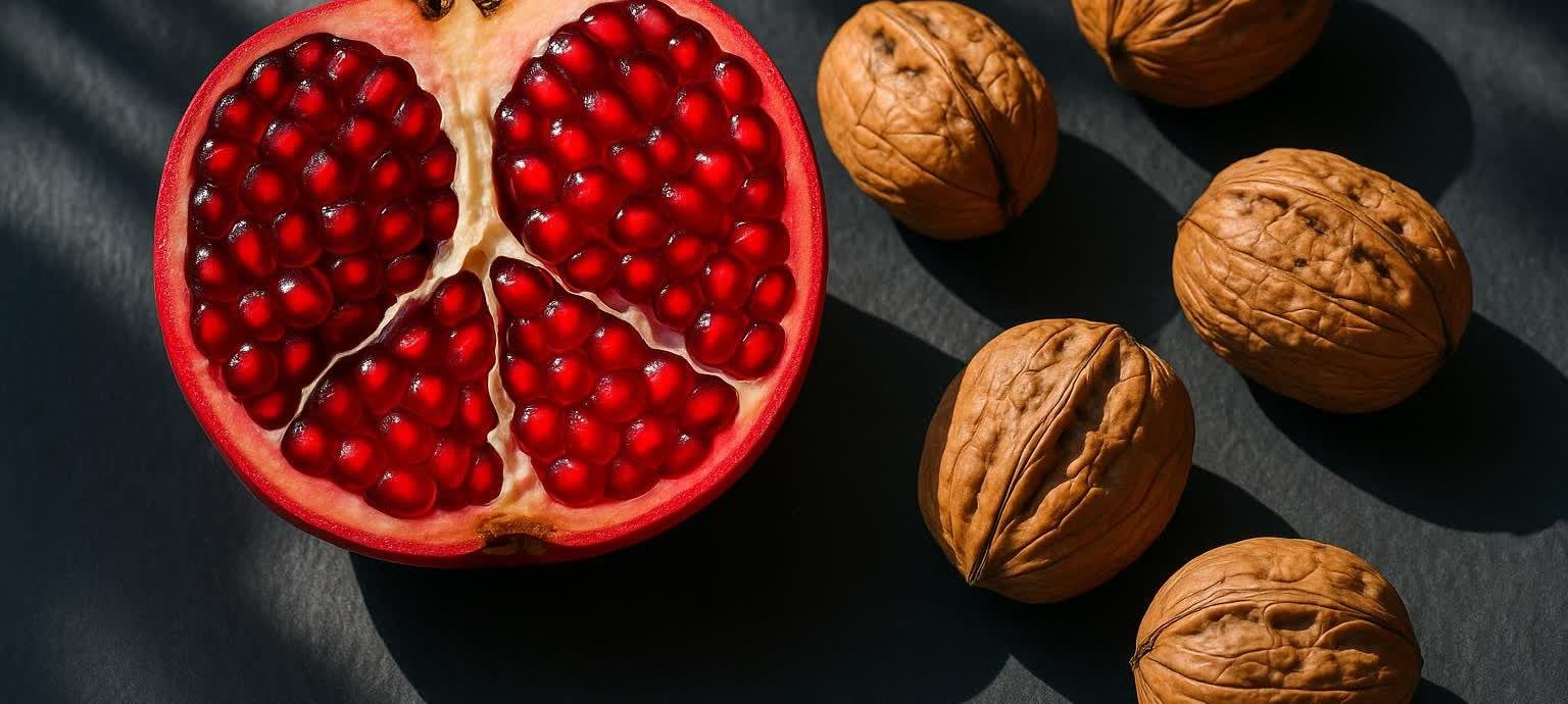 Close-up of a halved pomegranate with vibrant red arils and several whole walnuts scattered on a dark gray slate surface, illuminated by natural light creating shadows.