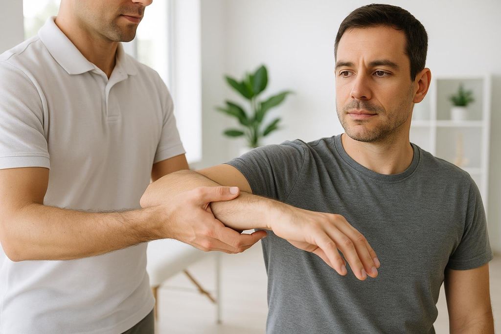 A physical therapist in a white polo shirt checking the shoulder mobility of a male patient in a grey t-shirt. The therapist is holding the patient's forearm while the patient looks away with a neutral expression.