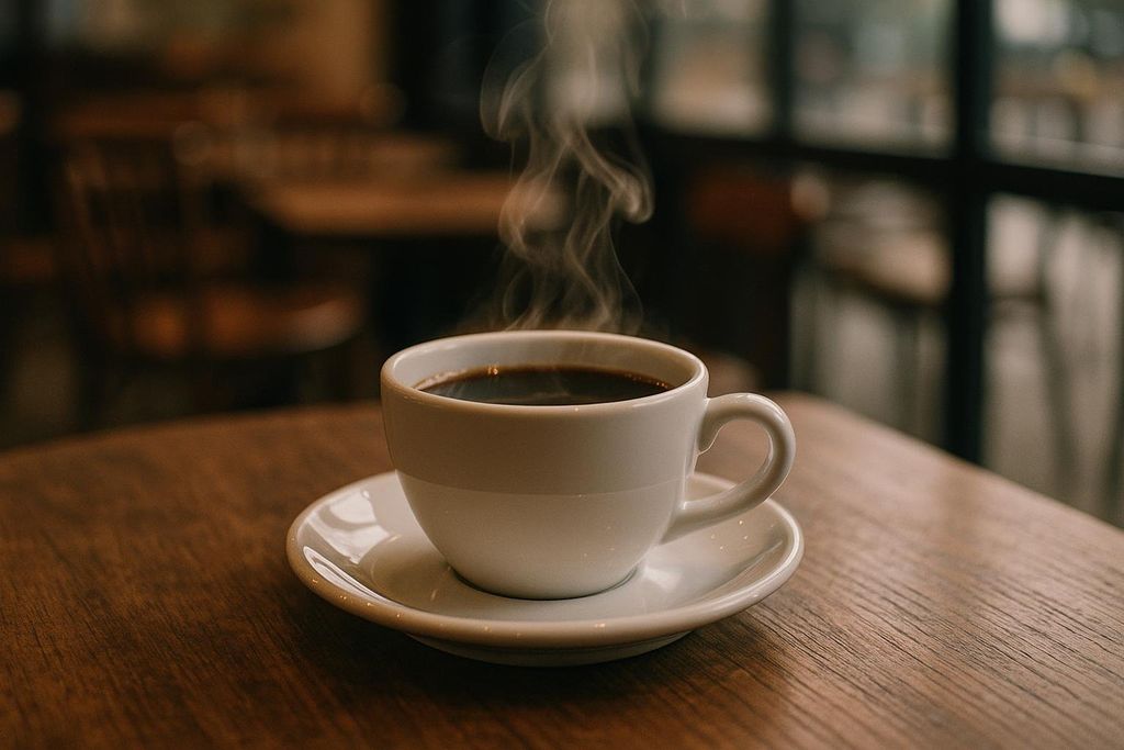 A white ceramic cup of steaming black coffee sits on a matching saucer on a wooden table. The background is blurred, showing a warm, dim cafe setting.