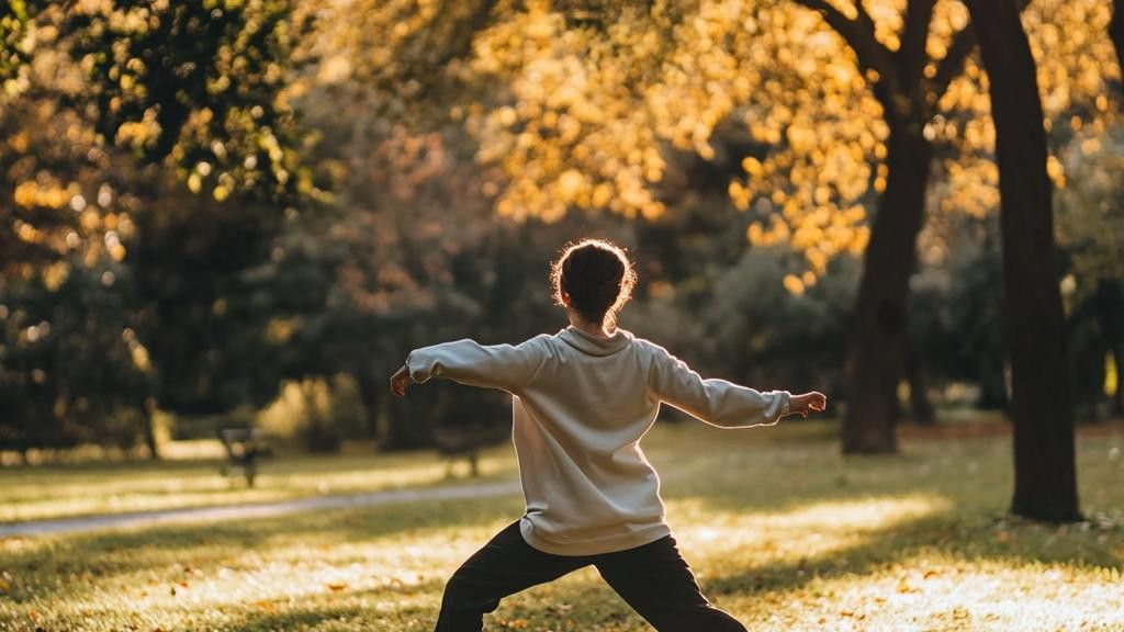 A person with their back to the camera, performing movements in a park setting during golden hour. The light shines through the trees, creating a warm glow.