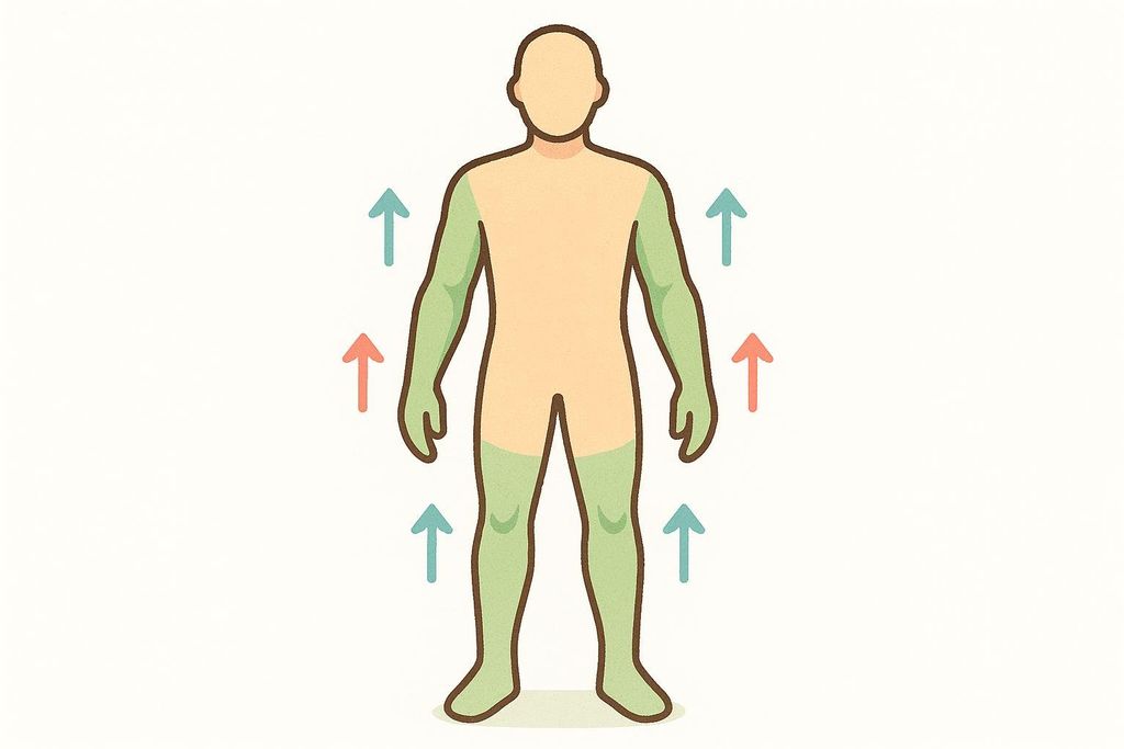 An illustration of a human silhouette showing the arms and legs shaded green to indicate the appendicular regions where lean mass is measured, with blue and red arrows pointing upwards, suggesting growth or measurement in those areas.