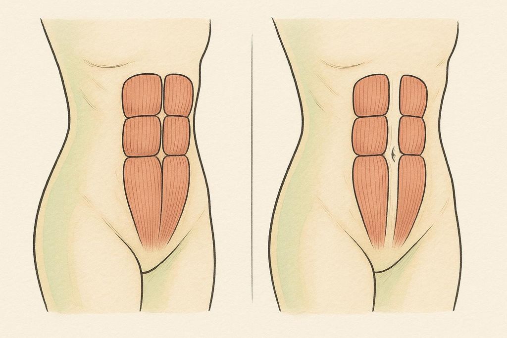 An illustration comparing normal abdominal muscles (left) to muscles with diastasis recti (right), showing the separation down the midline.