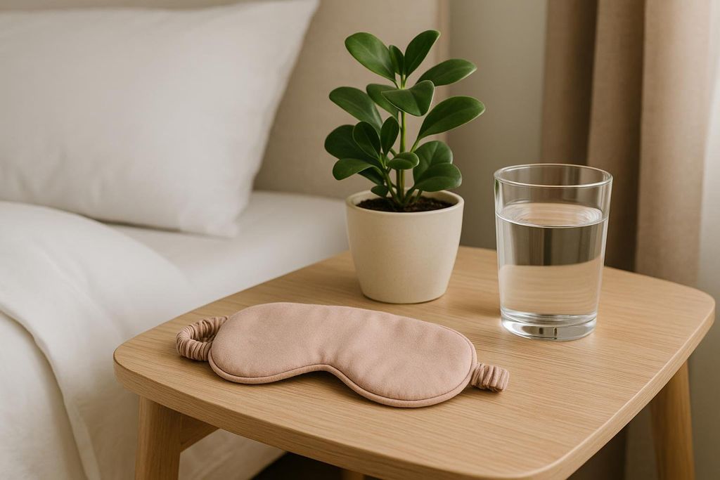 A beige sleep mask, small green plant in a pot, and a glass of water on a light wooden nightstand beside a bed with white bedding. This represents good sleep hygiene.