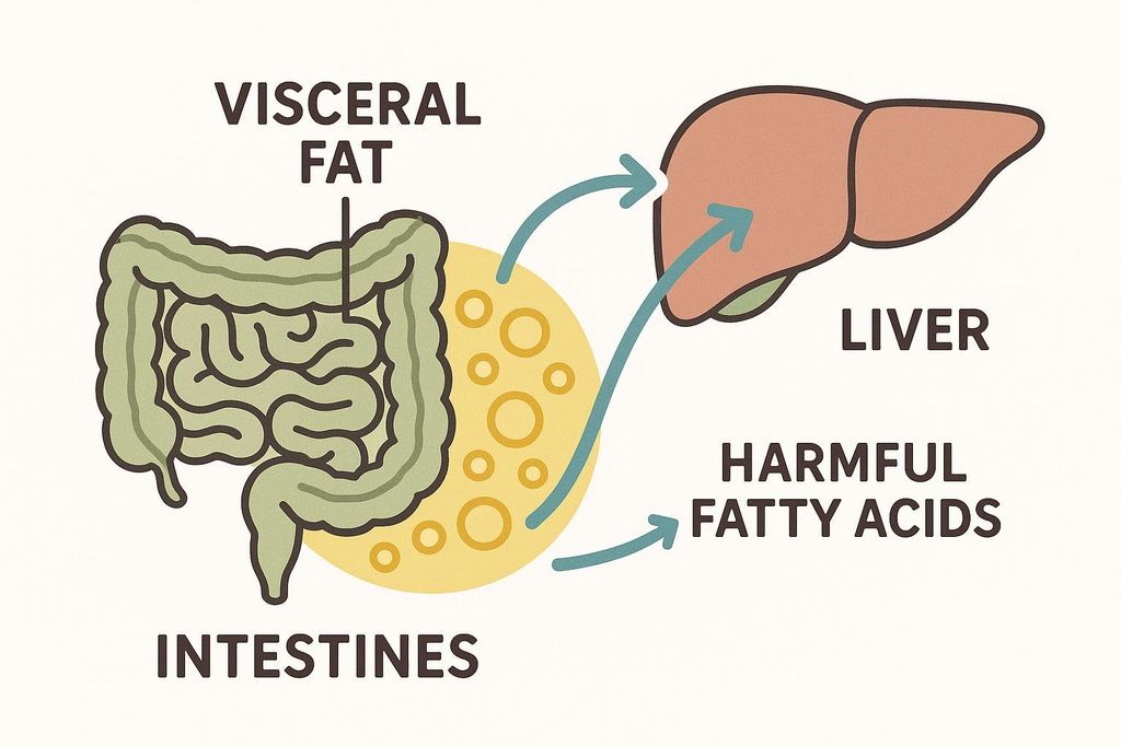 Diagram illustrating how visceral fat releases harmful fatty acids to the liver.