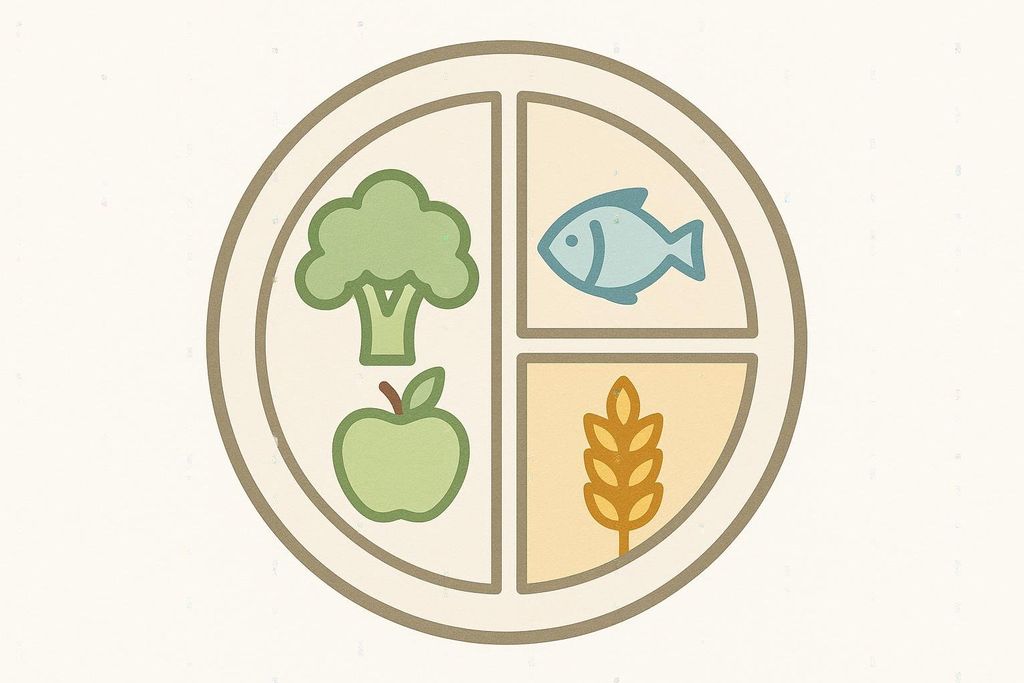 A diagram of a health plate divided into sections: half for vegetables and fruits (broccoli and an apple icon), a quarter for lean protein (fish icon), and a quarter for whole grains (wheat icon).