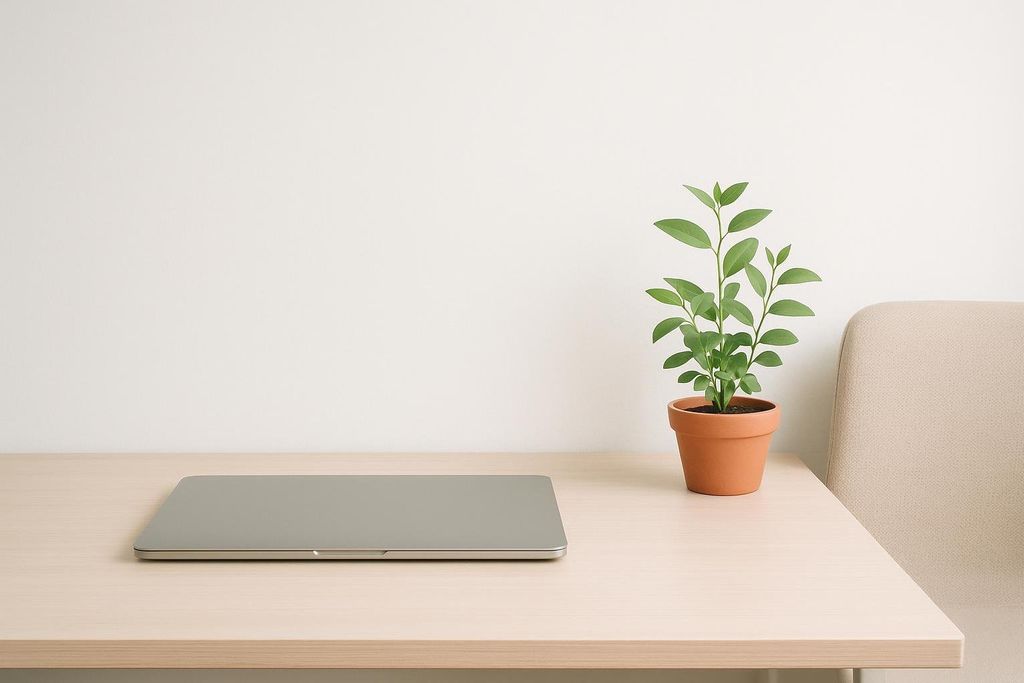 A minimalist desk with a closed silver laptop on the left and a small green potted plant on the right. A beige chair is partially visible behind the plant, all against an off-white wall.