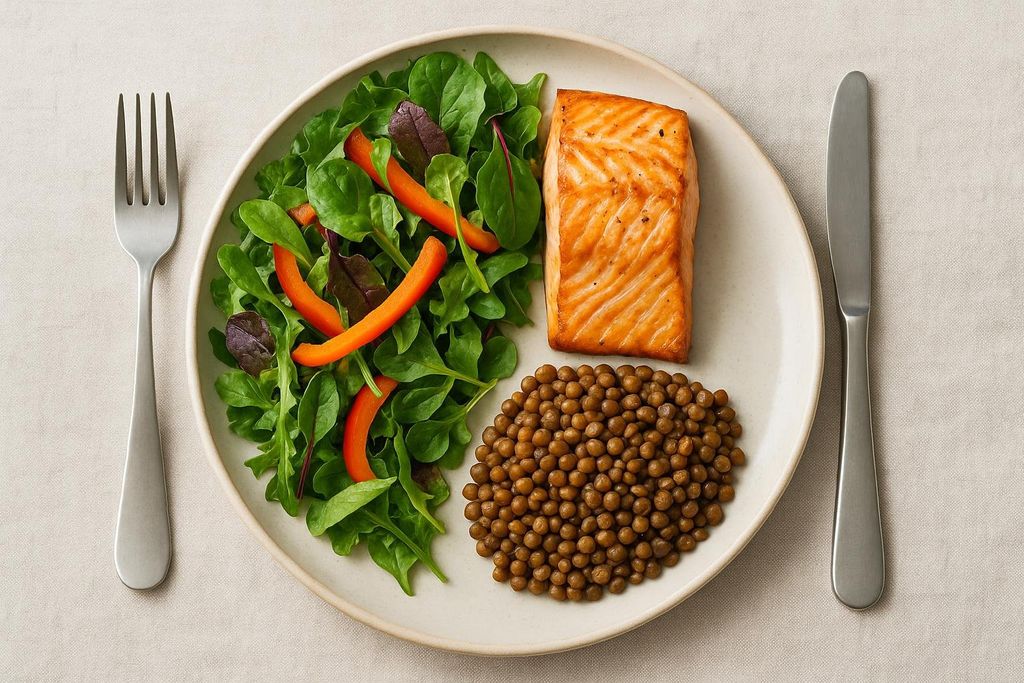 Top-down view of a dinner plate following the 50-25-25 rule for blood sugar control: 50% vegetables (mixed greens and bell peppers), 25% lean protein (salmon), 25% low-GI carbs (lentils). A fork and knife are on either side of the plate.