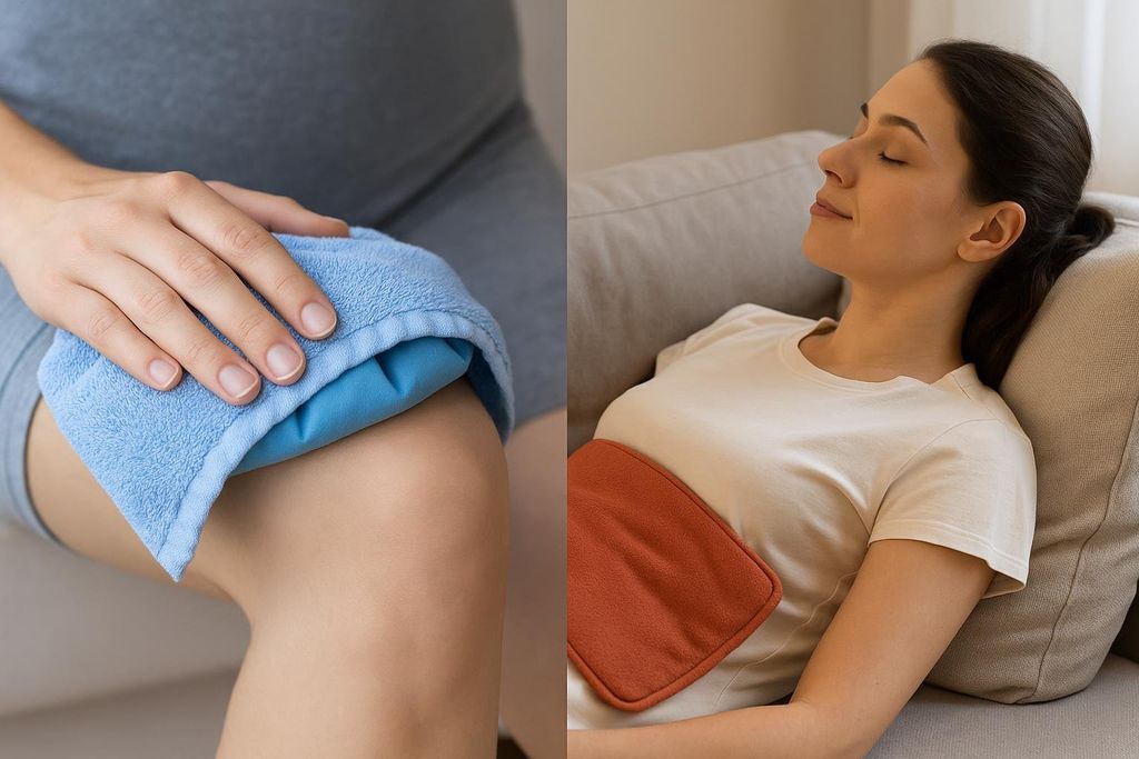 A comparison photo. On the left, a person applies a blue ice pack to their knee. On the right, a person lies on a couch with a red-orange heating pad resting on their stomach.