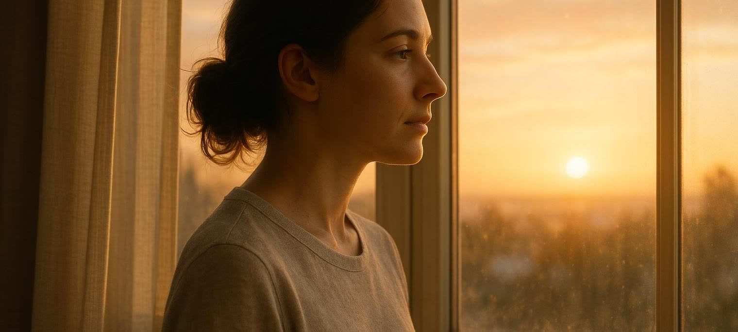 A calm woman thoughtfully looking out a sunlit window at dawn, with warm golden light illuminating her face as she gazes at the rising sun.
