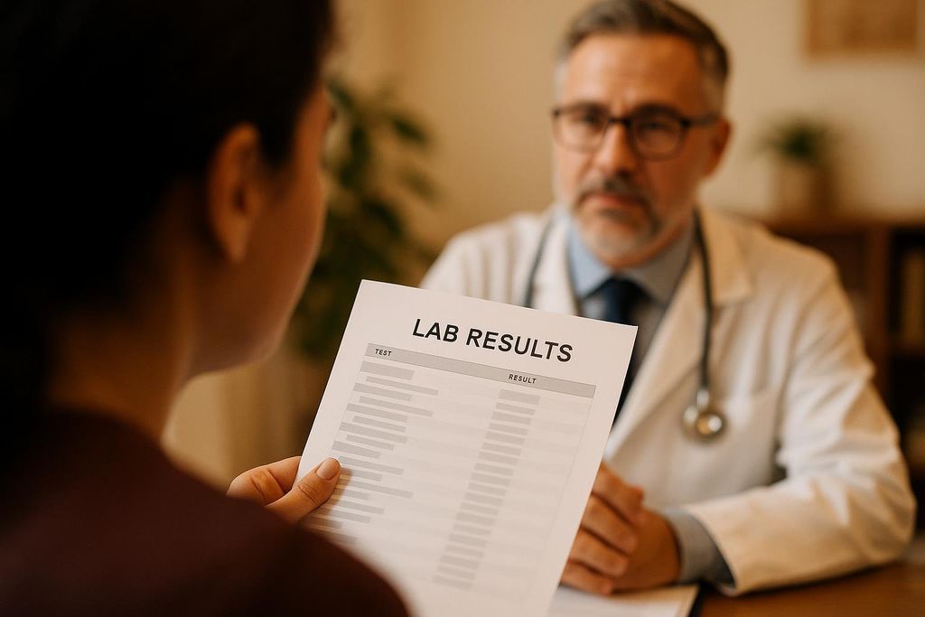 A person holds a document titled 'LAB RESULTS' while seated across from a clinician.