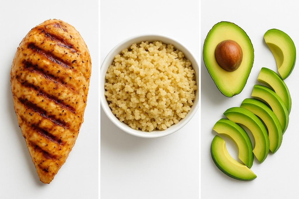 A triptych image showcasing a grilled chicken breast on the left, a white bowl of quinoa in the center, and a sliced avocado on the right, representing protein, carbohydrates, and healthy fats respectively.