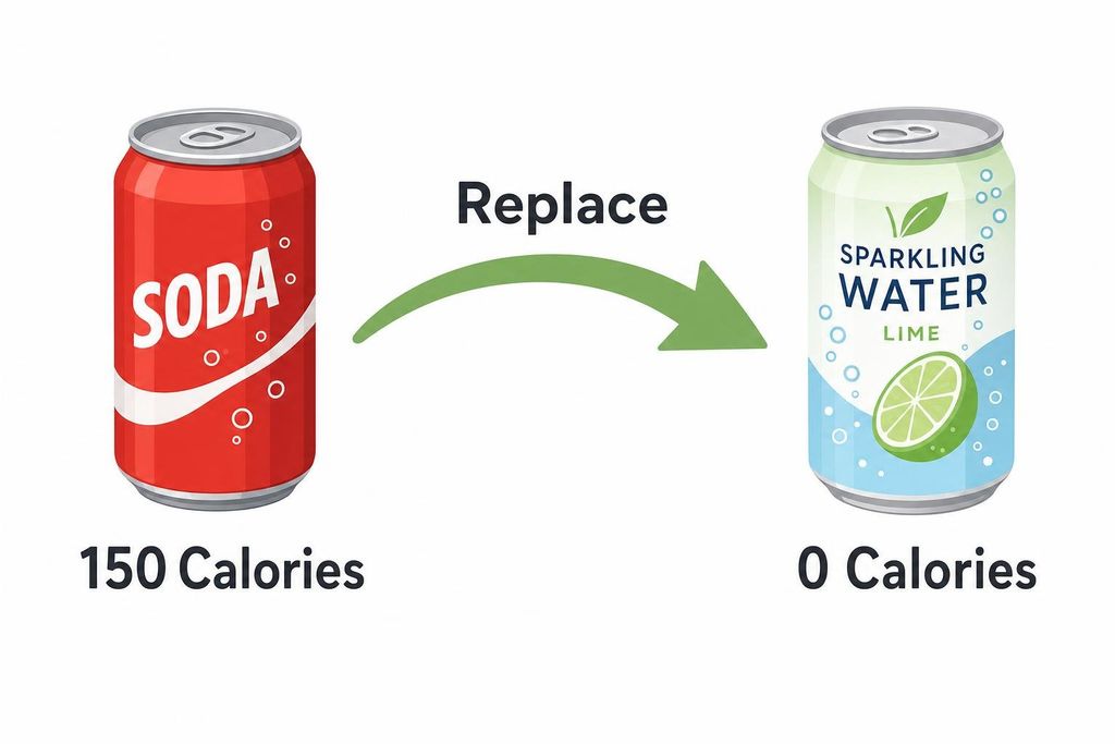 A diagram illustrating a healthy swap: a red soda can with '150 Calories' written below it, replaced by a can of sparkling lime water with '0 Calories' below it. A green arrow labeled 'Replace' points from the soda to the sparkling water.