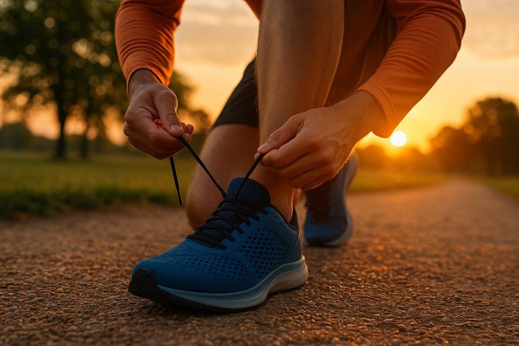 A person in an orange long-sleeved shirt and black shorts tying the laces of a blue running shoe on a paved path, with the setting sun creating a golden glow in the background.