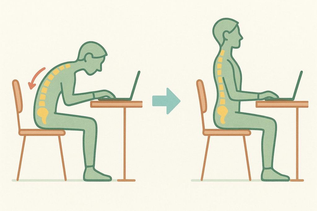 Illustration showing posture improvement for desk workers, transitioning from slouched to upright.