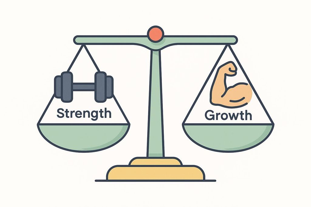 An illustration of a perfectly balanced scale, with one side depicting a dumbbell labeled 'Strength' and the other side showing a flexing bicep labeled 'Growth'.