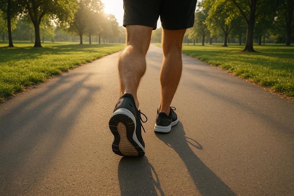 A first-person view of a man's feet and legs walking on a paved path at sunset, with trees and grass lining the path.