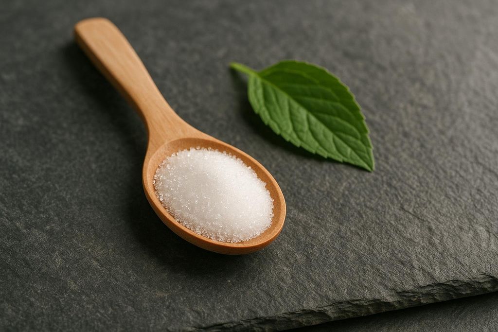 A wooden spoon holding natural sweetener crystals next to a green leaf