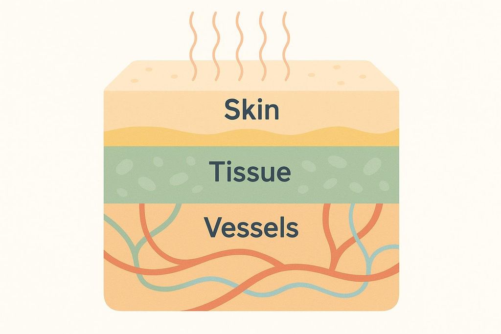 A diagram illustrating infrared heat waves penetrating through layers of skin, tissue, and into the vessels beneath, labeled accordingly.