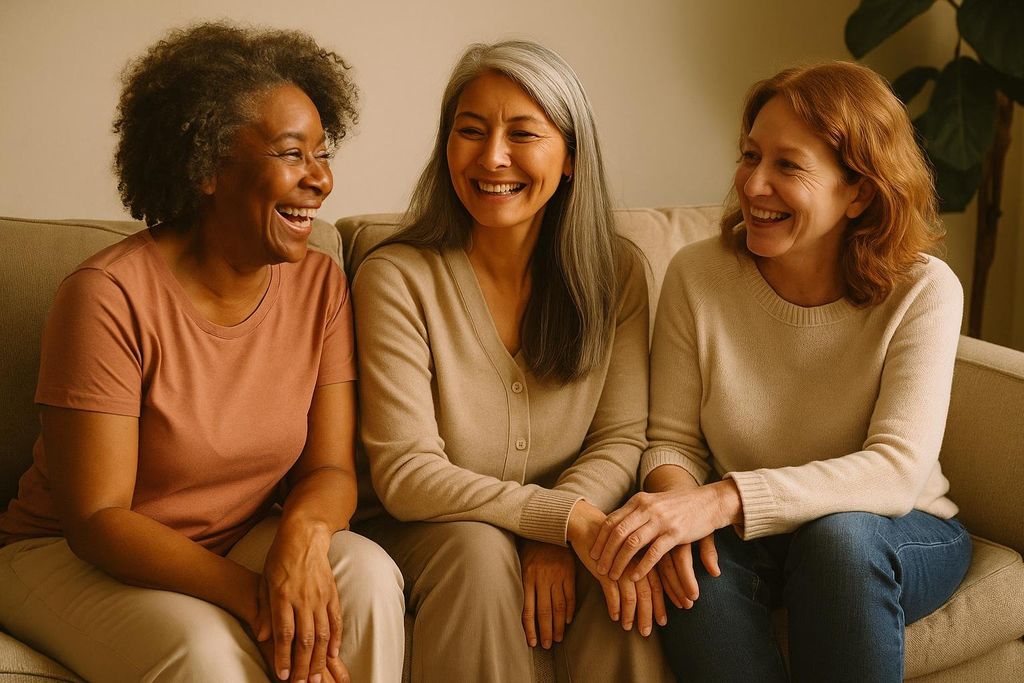 Three diverse women, appearing to be in their 50s, sitting on a couch, laughing and talking together. They represent diversity and inclusivity.