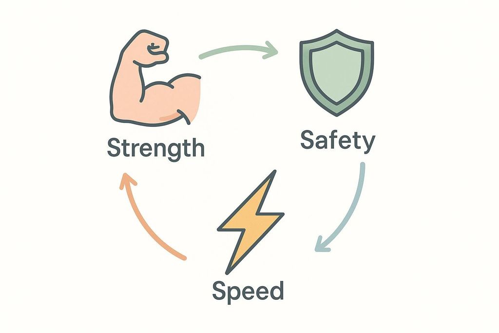 A diagram illustrating the benefits of Nordic curls: Strength represented by a bicep icon, Safety by a shield icon, and Speed by a lightning bolt icon. Arrows indicate a cyclical relationship between these three benefits.