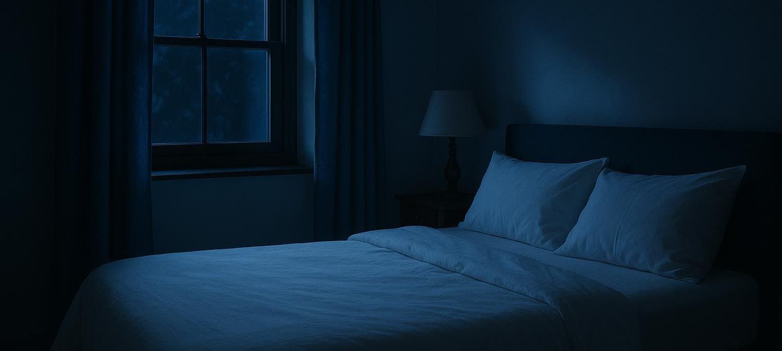A tranquil bedroom at night, illuminated by soft moonlight streaming through a window. The bed is neatly made with white linen and pillows, and a bedside lamp is visible next to the headboard, casting a warm, subtle glow in the otherwise dark room.
