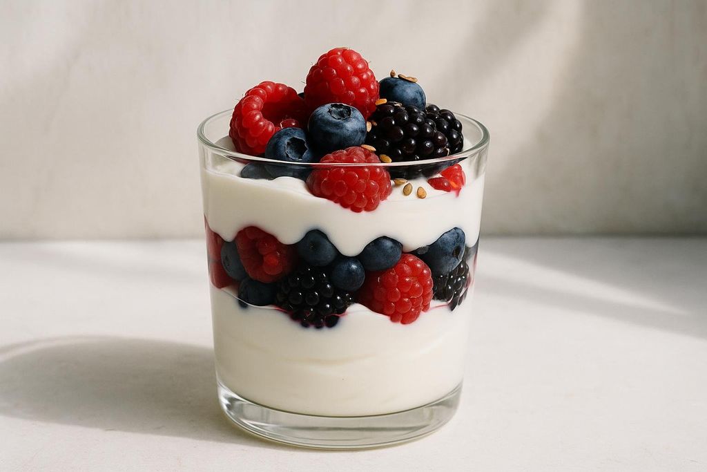 A clear glass filled with layers of white yogurt, red raspberries, and dark blueberries and blackberries, topped with a sprinkle of seeds. The parfait sits on a light surface with soft shadows.