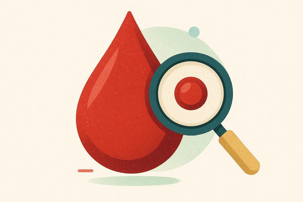 A magnifying glass over a drop, symbolizing the need for blood work analysis.
