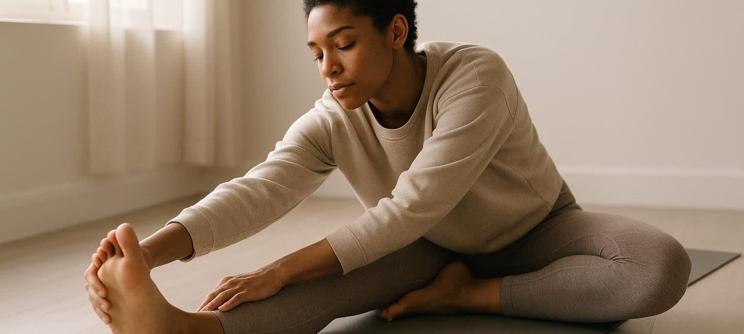 A woman with short dark hair, wearing a light brown sweatshirt and gray leggings, sits on a yoga mat in a sunlit room performing a gentle stretch, reaching towards her foot to relieve sciatica pain.