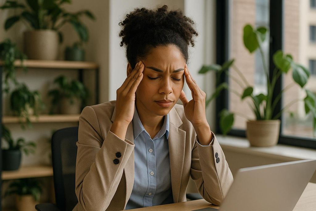 A professional woman, possibly of African descent, with curly dark hair, wearing a beige blazer over a light blue shirt, sits at a desk with a laptop to her right. She has her eyes closed and is pressing her fingertips to her temples, appearing to be experiencing a headache or stress. There are several potted plants in shelves and by a window in the background.